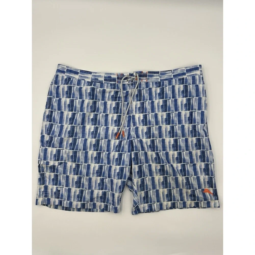 Tommy Bahama Swim Trunks Mens XXL Blue White Geometric Mesh Lined Pocket Board